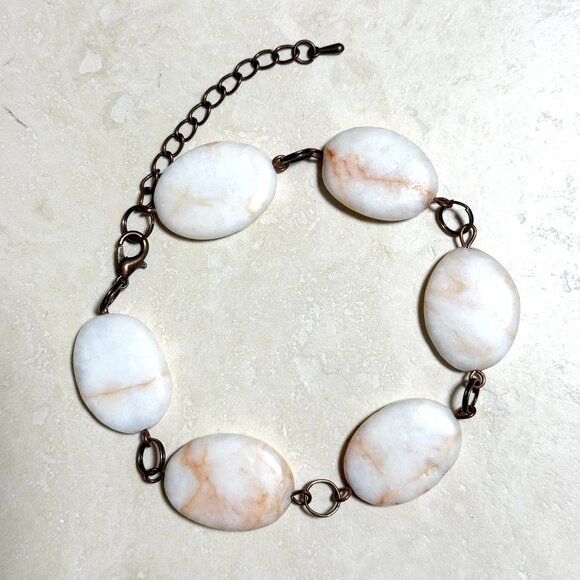 2/$20, Red Vein White Marble Bracelet, Large Genuine Gemstone + Copper Links - Picture 1 of 12